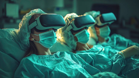 Three individuals dressed in surgical gowns, caps, masks, and gloves are lying on what appears to be operating tables, each wearing a dark-colored virtual reality headset. They seem to be immersed in a simulated surgical environment, indicated by their focused postures and the technological gear. The dimly lit room enhances the intensity and focus of their virtual training.の素材