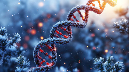 A double helix DNA strand, covered in frost and illuminated by warm light, stands prominently against a blurred background of snow-covered pine branches and softly glowing particles. The contrast between the icy DNA structure and the bokeh effect creates a magical and scientific atmosphere. This image evokes themes of genetics, winter, and the intricate beauty of life's building blocks.の素材