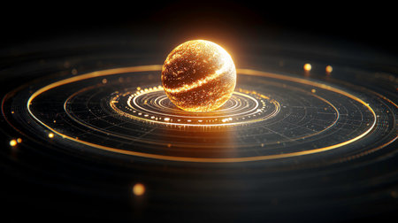 A textured golden sphere, emitting a warm internal glow and subtle surface streaks, is positioned at the center of several concentric circles of bright golden light. These circles are embedded within a dark, subtly patterned plane, creating a futuristic or technological feel. The central orb appears to be a source of energy or information within this structured system.の素材