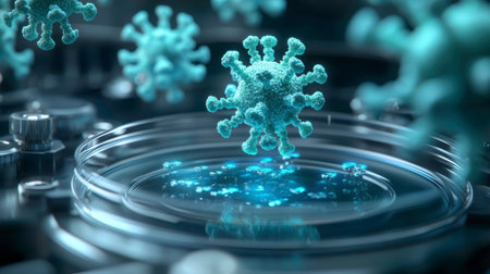 A stylized, close-up digital rendering shows several teal-colored coronavirus particles with their characteristic spike proteins. One prominent virus hovers above a clear petri dish containing a liquid with smaller, glowing particles. The background is dark and blurred, emphasizing the central viral elements and suggesting a scientific or medical context.の素材