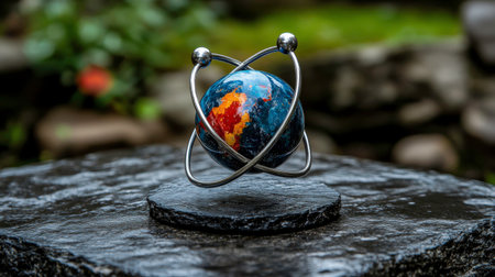A decorative atom sculpture features a central, glossy sphere with swirling patterns of blue, orange, and brown, encircled by polished silver orbits culminating in small silver spheres. The sculpture rests on a dark, wet, textured stone surface. The blurred background shows lush green foliage and other stones, suggesting an outdoor or garden setting.の素材
