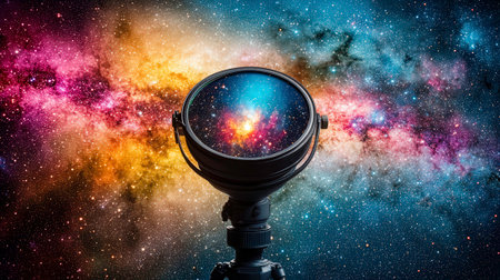 A close-up of a telescope lens shows a stunning reflection of a bright and colorful nebula, swirling with hues of pink, orange, blue, and yellow, dotted with countless stars. The telescope itself is black and mounted on a tripod, partially visible in the foreground. The reflected cosmic scene evokes wonder, exploration, and the vastness of outer space.の素材