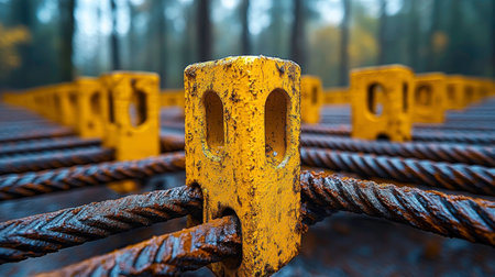 A macro shot focuses on several bright yellow, rectangular metal supports with two oval openings each, connected by thick, rusty steel cables that run horizontally. The metal supports show signs of wear and weathering, with chipped paint and surface imperfections. The blurred background suggests an outdoor or industrial environment with muted green and gray tones.の素材