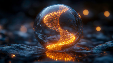 A transparent, egg-shaped orb rests on a dark, textured surface, reflecting soft, out-of-focus lights in the background. Inside the orb, a brilliant golden spiral of light twists and curves, creating a mesmerizing focal point. The image evokes themes of mystery, potential, or a contained energy source.の素材