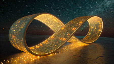 A glowing infinity symbol made of circuits and lights stands against a dark starry sky, symbolizing endless possibilities and advancements in technology.の素材