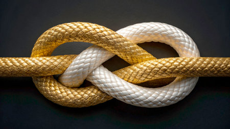 A decorative knot formed by interlacing gold and white ropes. The design showcases craftsmanship and symmetry, featuring a classic knot style against a dark background.の素材