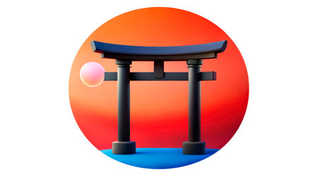 A torii gate stands majestically at sunset, framed by a glowing orb. The vibrant colors of the sky create a peaceful and tranquil setting, perfect for reflection.の素材