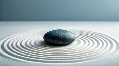 A smooth, round stone sits peacefully at the center of a circle of raked sand, creating calming patterns that radiate outward. The tranquil scene evokes a sense of harmony and balance.の素材