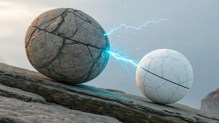 Two cracked spheres, one dark and one white, emit electric energy in a rocky setting at sunset, showcasing a stunning play of nature and technology.の素材