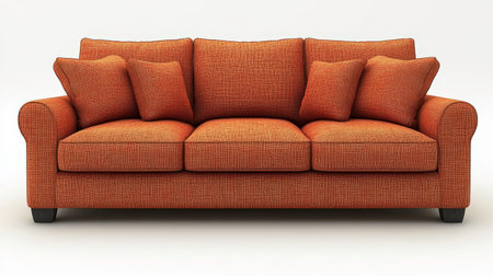 A cozy three-seater sofa, upholstered in a textured rust-colored fabric, is presented against a soft white background. The sofa features three large back cushions and two smaller rectangular accent pillows for added comfort. Its inviting design is grounded by low, dark-colored legs.の素材