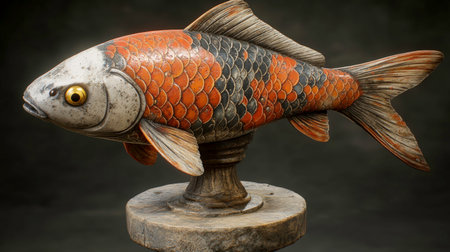 A meticulously crafted sculpture of a fish, possibly ceramic or metallic, is displayed on a worn, circular pedestal. The fish features intricately textured scales in shades of orange and dark gray, a white head with prominent golden eyes, and detailed fins and tail. The overall aesthetic suggests an antique or handcrafted art object with a sense of age and artistry.の素材