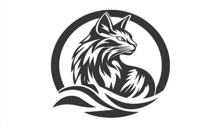 This is a striking monochrome illustration of a cat depicted in profile, facing left, with its head turned slightly back. The cat is stylized with flowing lines suggesting fur, and it is contained within a bold black oval frame that rests upon abstract, wave-like shapes at the bottom. The overall design is clean, elegant, and suitable for a logo or emblem.の素材