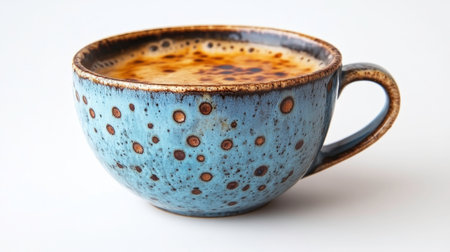 A uniquely crafted, light blue ceramic cup with dark brown speckles and a rustic brown rim is filled with a rich brown coffee topped with a light tan foam. The cup rests on a plain white surface, highlighting its textured glaze and the inviting coffee within. The image captures a moment of simple indulgence.の素材