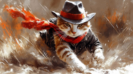 A stylized digital painting depicts a ginger and white tabby cat in motion, wearing a dark fedora-style hat with a red band and a long, flowing red scarf. The cat has a focused expression and appears to be running or leaping forward, with its front paws extended. The background is abstract and energetic, with swirling brushstrokes in shades of brown, gray, and white, suggesting movement and perhaps a windy environment.の素材