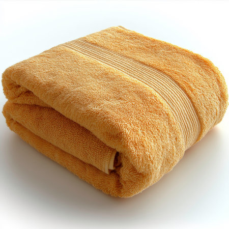 A single, neatly folded bath towel in a bright orange hue is presented against a stark white background, highlighting its soft and absorbent terrycloth texture. The towel features subtle horizontal ribbed detailing, adding a touch of visual interest. Its vibrant color and clean presentation suggest freshness and utility.の素材