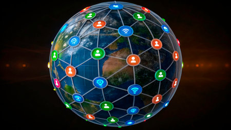 A colorful digital globe showcases social media icons connected by lines, illustrating global connectivity. This visual representation highlights the importance of digital communication.の素材