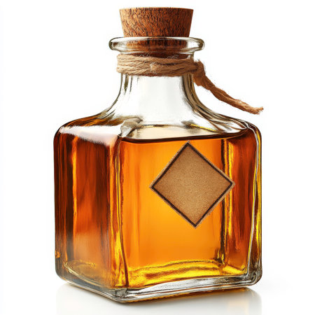 A clear glass bottle with a square base and rounded shoulders is filled with a warm amber-colored liquid and sealed with a natural cork stopper secured with rustic twine. A blank, diamond-shaped label made of light brown paper is adhered to the front. The bottle is presented against a white background with a subtle reflection. The blank label suggests customization or a homemade product, and the amber liquid could be anything from oil to extract.の素材