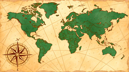 A world map shows countries marked in green against a light brown parchment backdrop. The illustrated compass in the corner adds a classic touch, enhancing the vintage feel of the design.の素材