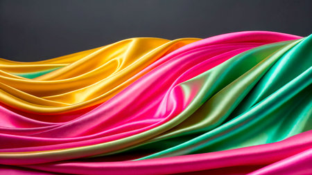 Colorful satin fabric in vibrant shades of pink, yellow, and green flows elegantly against a dark backdrop, creating a rich visual texture and depth.の素材