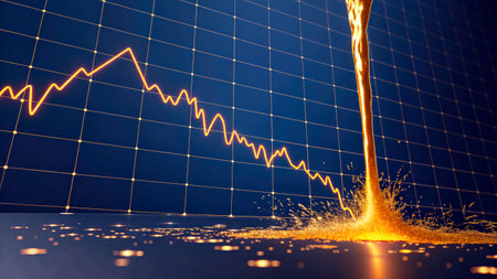 Bright gold streams downward against a dark geometric background, depicting a troubling financial trend. The scene reflects market volatility and investor anxiety during a financial event.の素材