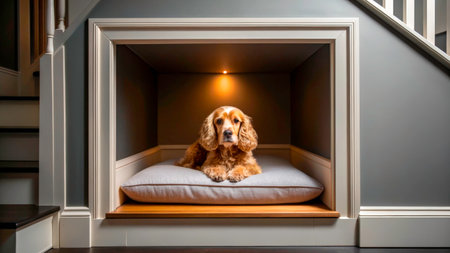 A calm dog relaxes on a soft bed in a cozy nook built into the wall of a modern home. The warm lighting enhances the inviting atmosphere, showcasing the stylish interior design.の素材