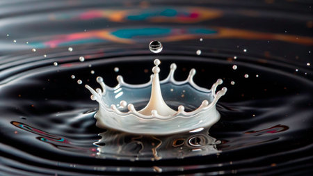 A water droplet falls into a dark surface, creating a beautiful splash. The scene captures the moment of impact and reflects colors, showing the beauty of liquid motion.の素材