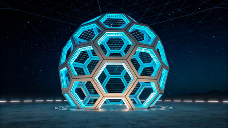 A striking geometric structure with hexagonal patterns glows with blue lights in a dark, starry atmosphere. The setting showcases advanced design and technology.の素材