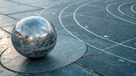 A shiny metal sphere is positioned on a circular base surrounded by geometric lines. This scene captures the tranquility of an outdoor area during the day, reflecting nearby surroundings.の素材