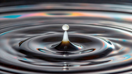 A single droplet of water rises above a dark surface, creating ripples that reflect colorful patterns in the surrounding liquid. The scene is illuminated gently, enhancing the visual beauty.の素材