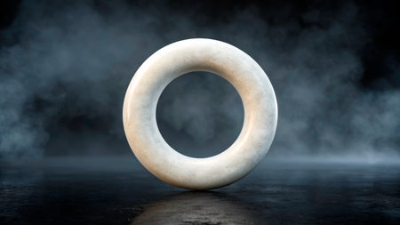 A smooth, white ring shape stands alone on a dark surface, surrounded by a mystical mist. The lighting creates dramatic contrasts that highlight its curves and surface texture.の素材