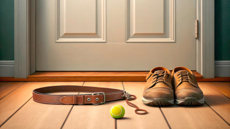At the front door of a cozy home, a pair of shoes sits next to a leash and a bright yellow tennis ball. This scene suggests it's time for a walk with a dog.の素材