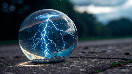 A glass sphere sits on a road, showcasing a striking lightning bolt filled with energy against a dark sky. Raindrops fall around it as the storm approaches.の素材