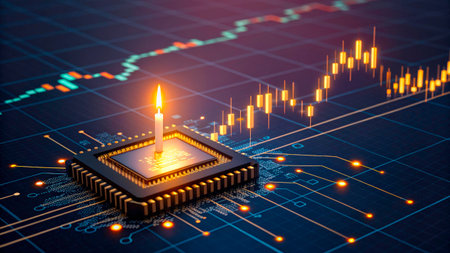 A candle burns brightly on a microchip, symbolizing innovation and growth. In the background, a colorful data graph displays an upward trend, representing progress in technology.の素材