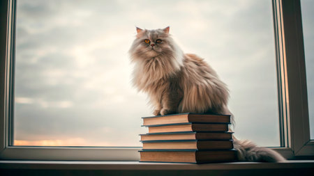 A fluffy cat sits gracefully on a stack of books, gazing out of a window. The sky outside is overcast, casting a warm, soft light into the room.の素材