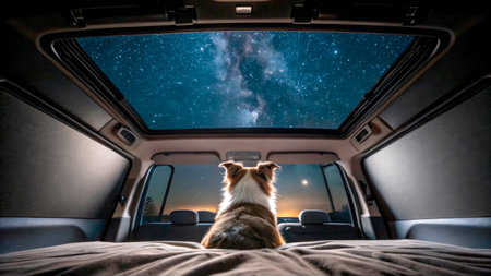 A dog looks out from the back of a car, captivated by the beautiful starry sky and the Milky Way. The setting suggests a peaceful evening by a lake, perfect for camping.の素材
