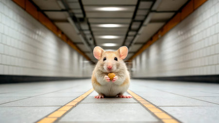 A small mouse stands in the center of a subway hallway, gripping a cookie in its paws. The tiled walls and floor create a neat, urban setting, enhancing the charm of the scene.の素材