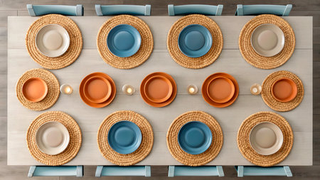 A beautifully arranged dining table features vibrant plates in orange, blue, and neutral tones. Woven placemats add texture, creating an inviting atmosphere for a gathering or celebration.の素材