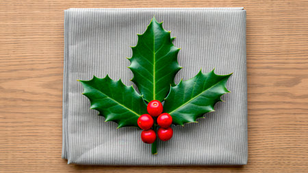 A festive table arrangement features green holly leaves with bright red berries placed on a gray napkin. This decoration captures the spirit of the holiday season.の素材