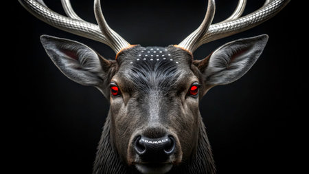 A stunning deer stands majestically against a dark background, showing its detailed features. The animal has bright red eyes and prominent antlers, creating an intense visual impact.の素材