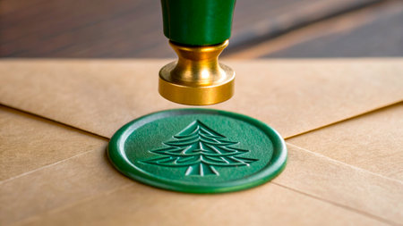 A green wax seal press creates an embossed Christmas tree design on a brown envelope. This process adds a festive touch to holiday correspondence during the winter season.の素材