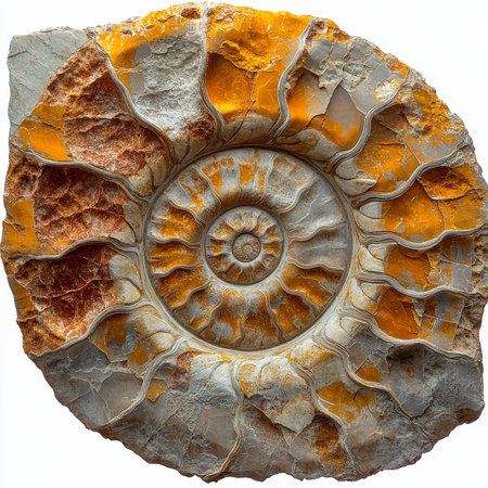 This fossilized ammonite reveals stunning spiral patterns and rich ochre hues. The specimen, from a prehistoric ocean, highlights the beauty of ancient marine life.の素材