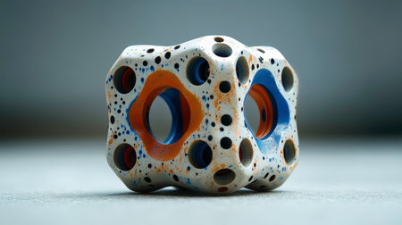 A colorful 3D puzzle cube with distinctive holes is showcased on a textured surface. The vibrant patterns and soft lighting create a visually striking appeal.の素材