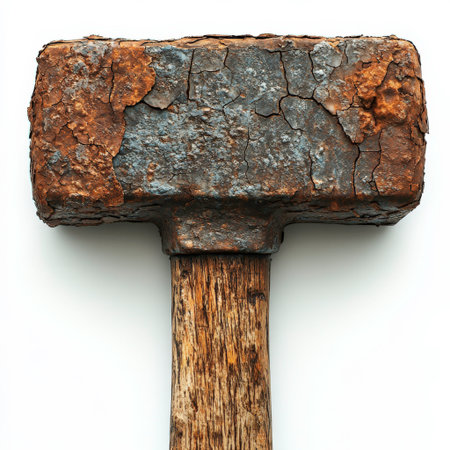 Close-up of a weathered hammer showcasing a cracked metal head and a wooden handle. The contrast emphasizes years of usage in construction and crafting.の素材