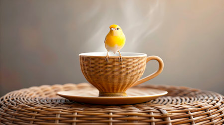 A small, bright yellow bird stands on the rim of a steaming cup of tea, surrounded by a woven table. The warm tones create a cozy atmosphere, highlighting the bird's vibrant color.の素材