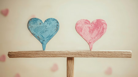 Blue and pink paper hearts rest on a wooden balance beam, symbolizing love and harmony. The background features soft, faded heart shapes, creating a romantic atmosphere.の素材
