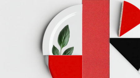 A visually striking arrangement showcases bold geometric shapes in red, black, and white alongside vibrant green leaves. The composition emphasizes modern design and simplicity.の素材