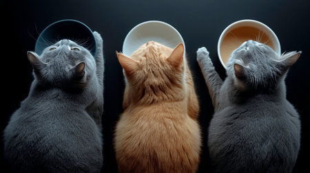 Three cats, two gray and one orange, are eating from bowls placed on a dark surface. The cozy atmosphere indicates a relaxing evening at home.の素材
