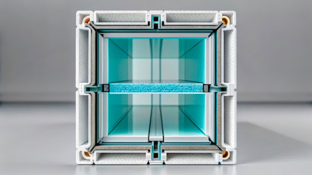 A square structure is placed on a flat surface. The design shows clear layers and a blue section in the middle. The setting is bright and focuses on the object. There are no distractions around.の素材