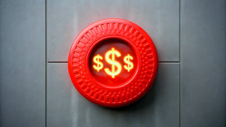 A bright red sign with glowing dollar symbols is displayed on a concrete wall. This scene takes place at night in an urban environment, with many pedestrians nearby.の素材