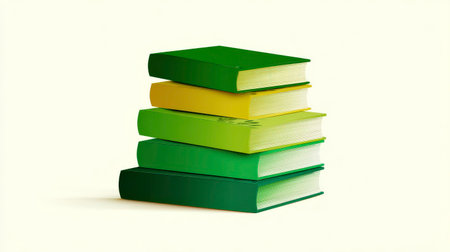 Four books are neatly stacked on top of each other, displaying a gradient of green and yellow colors. The smooth covers reflect simplicity and a sense of organization.の素材